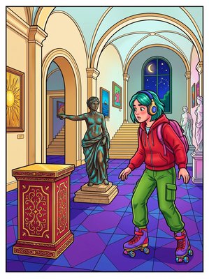 Finished example of the Color by Number page: Moving Statue