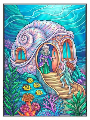 Finished example of the Color by Number page: The House Inside the Giant Shell