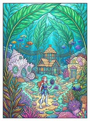 Finished example of the Color by Number page: The Village Beneath the Kelp