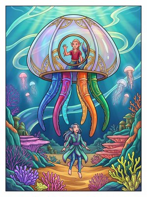 Finished example of the Color by Number page: The Floating Jellyfish House
