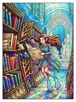 Finished example of the Color by Number page: The Flooded Library