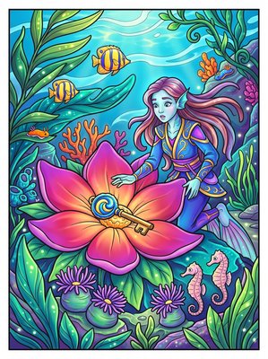 Finished example of the Color by Number page: The Coral Key