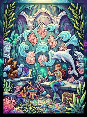 Finished example of the Color by Number page: The Cave of Singing Shells