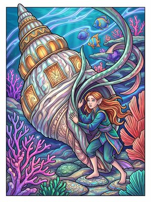 Finished example of the Color by Number page: The Call of the Ancient Shell