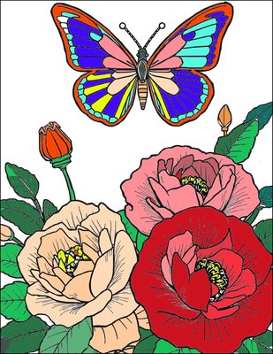 Finished example of the Color by Number page: Butterfly and Wildflowers