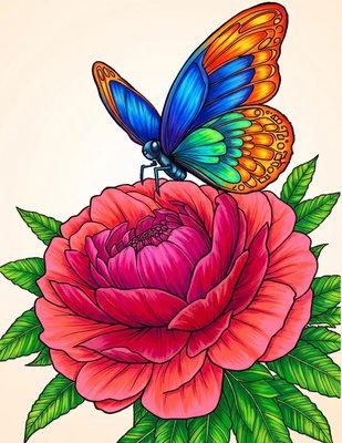 Finished example of the Color by Number page: Butterfly on a Rose