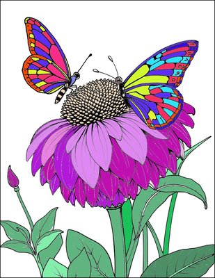 Finished example of the Color by Number page: Butterfly and Summer Flowers