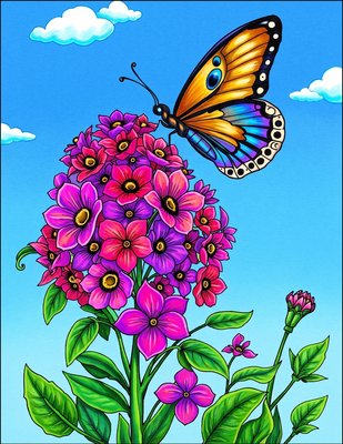 Finished example of the Color by Number page: Butterfly and Flower Cluster