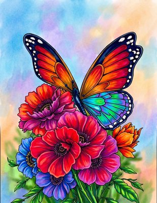 Finished example of the Color by Number page: Butterfly and Blossoms