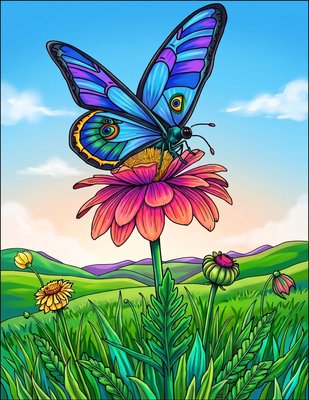 Finished example of the Color by Number page: Butterfly and Iris