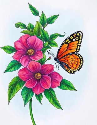Finished example of the Color by Number page: Butterfly and Spring Flowers