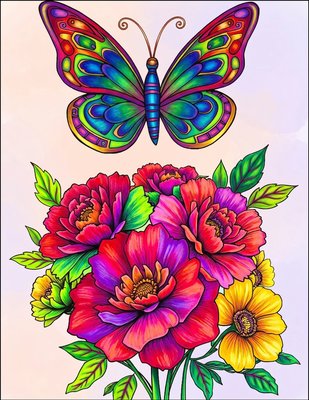 Finished example of the Color by Number page: Butterfly and Peony