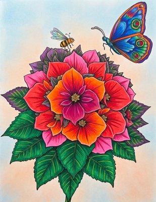 Finished example of the Color by Number page: Butterfly and Daisy