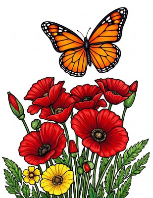 Finished example of the Color by Number page: Butterfly Flower Bouquet