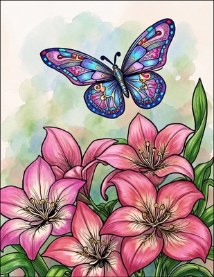 Finished example of the Color by Number page: Butterflies and Lilies