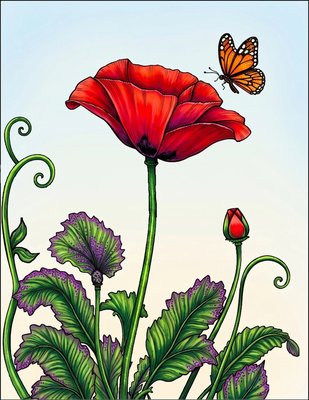 Finished example of the Color by Number page: Butterfly and Calla Lily