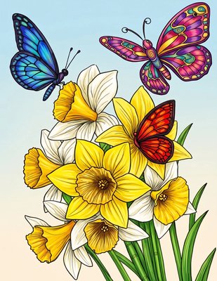 Finished example of the Color by Number page: Butterflies Among the Flowers