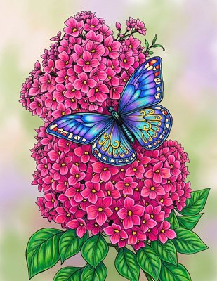 Finished example of the Color by Number page: Butterfly and Hydrangea