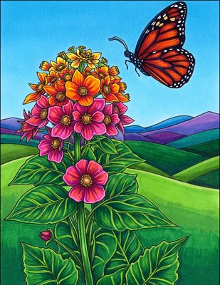 Finished example of the Color by Number page: Butterfly and Floral Garden