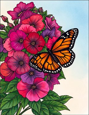 Finished example of the Color by Number page: Butterfly and Daisy Bouquet