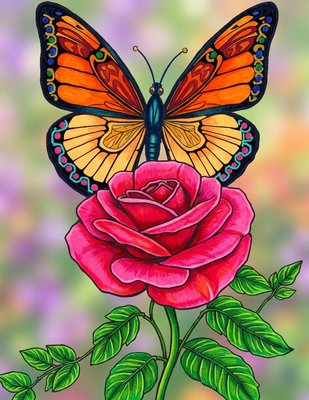 Finished example of the Color by Number page: Butterfly Resting on a Rose