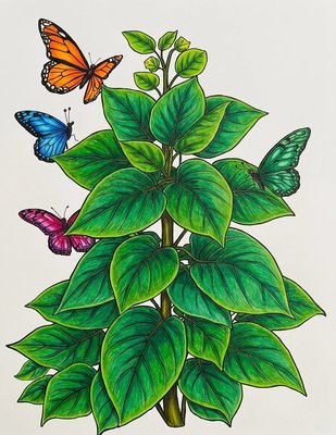 Finished example of the Color by Number page: Butterfly and Leafy Blooms
