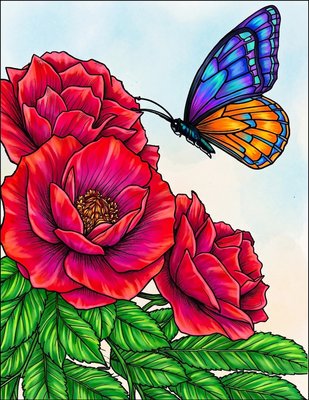Finished example of the Color by Number page: Butterfly and Rose Garden