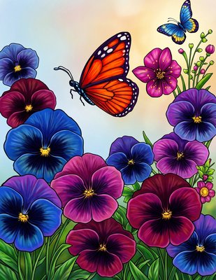 Finished example of the Color by Number page: Butterflies in Bloom