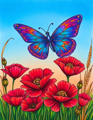 Finished example of the Color by Number page: Butterfly Garden