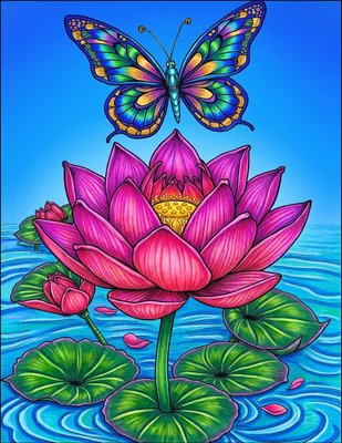 Finished example of the Color by Number page: Butterfly and Lotus