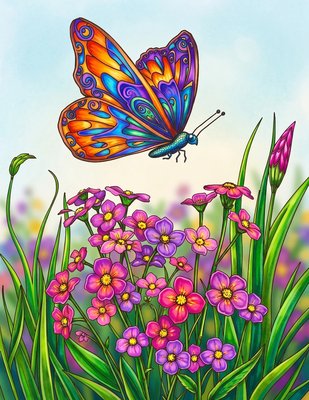Finished example of the Color by Number page: Butterfly in the Meadow