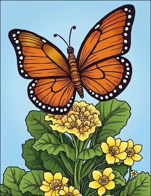 Finished example of the Color by Number page: Butterfly and Wild Garden