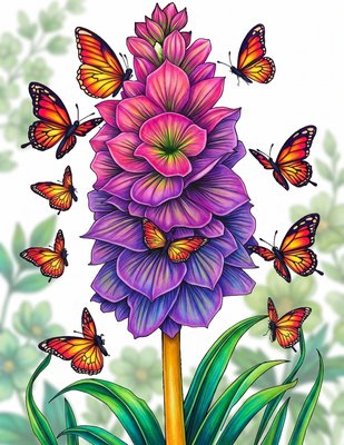 Finished example of the Color by Number page: Butterflies and Flower Bouquet