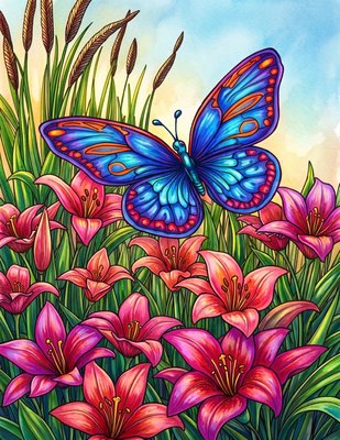 Finished example of the Color by Number page: Butterfly in a Flower Meadow