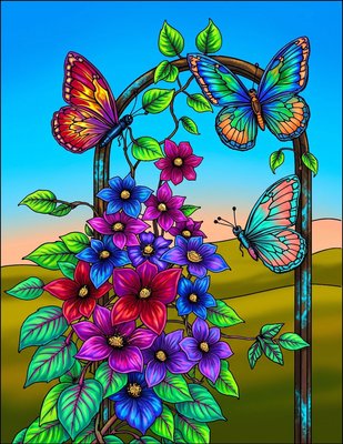 Finished example of the Color by Number page: Butterflies and Hydrangeas