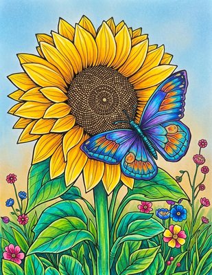 Finished example of the Color by Number page: Butterfly and Sunflower