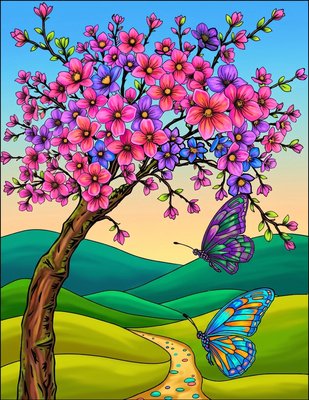 Finished example of the Color by Number page: Butterfly and Blossom Tree