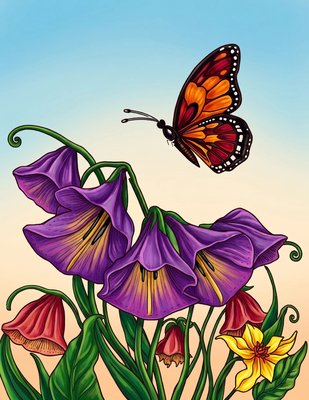 Finished example of the Color by Number page: Butterfly and Cascading Flowers