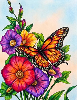 Finished example of the Color by Number page: Butterflies and Hibiscus