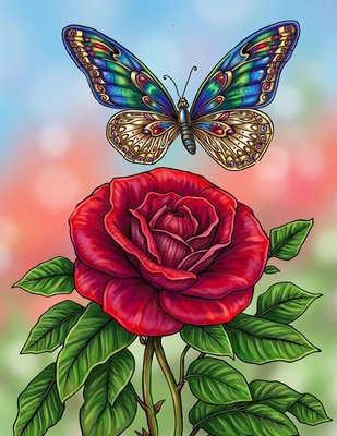 Finished example of the Color by Number page: Butterfly and Rose