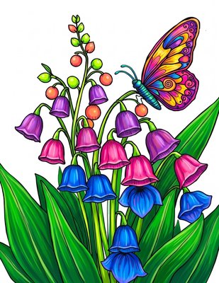 Finished example of the Color by Number page: Butterfly and Floral Branches