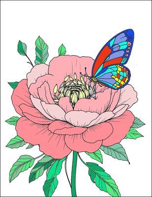 Finished example of the Color by Number page: Butterfly and Chrysanthemum