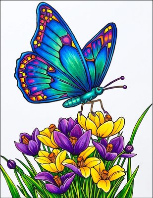 Finished example of the Color by Number page: Butterfly and Lily Bouquet