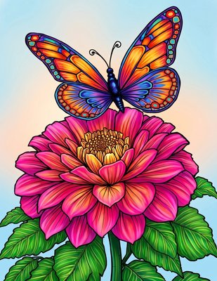 Finished example of the Color by Number page: Butterfly and Dahlia