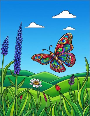 Finished example of the Color by Number page: Butterfly in the Countryside