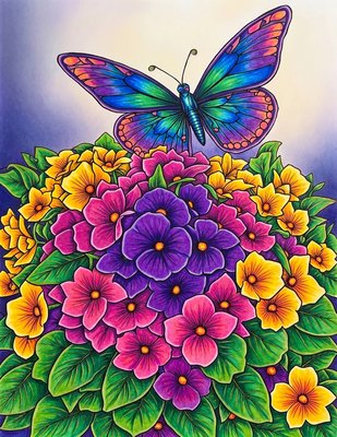 Finished example of the Color by Number page: Butterfly and Hydrangea Garden