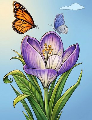 Finished example of the Color by Number page: Butterfly and Tulip Garden