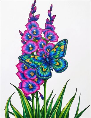 Finished example of the Color by Number page: Butterfly and Tall Garden Blooms