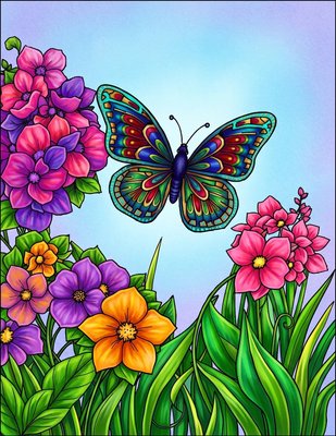 Finished example of the Color by Number page: Butterfly Flower Garden