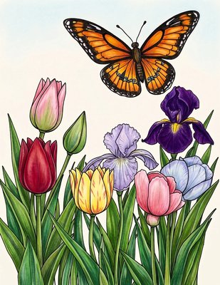 Finished example of the Color by Number page: Butterfly and Tulips